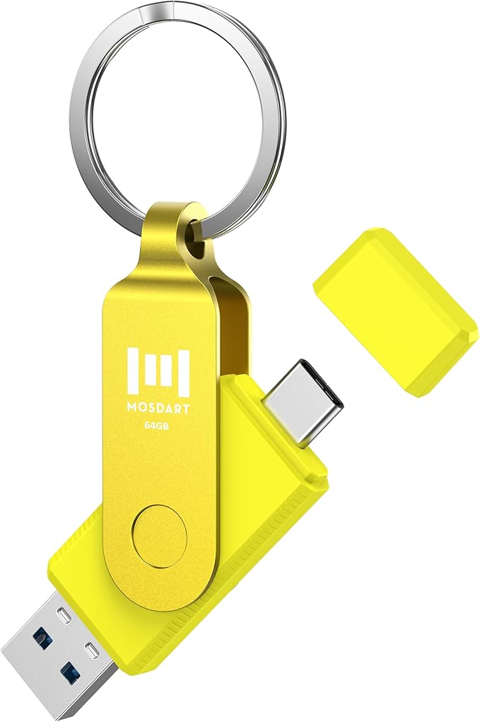 MOSDART 64GB USB C 3.2 Fast Speed C and A Dual Flash Drive, exFAT Memory Stick with Keychain and LED Indicator, for iPhone 15,16, 17, Android Phone, iPad, MacBook, and Other Laptops,Yellow