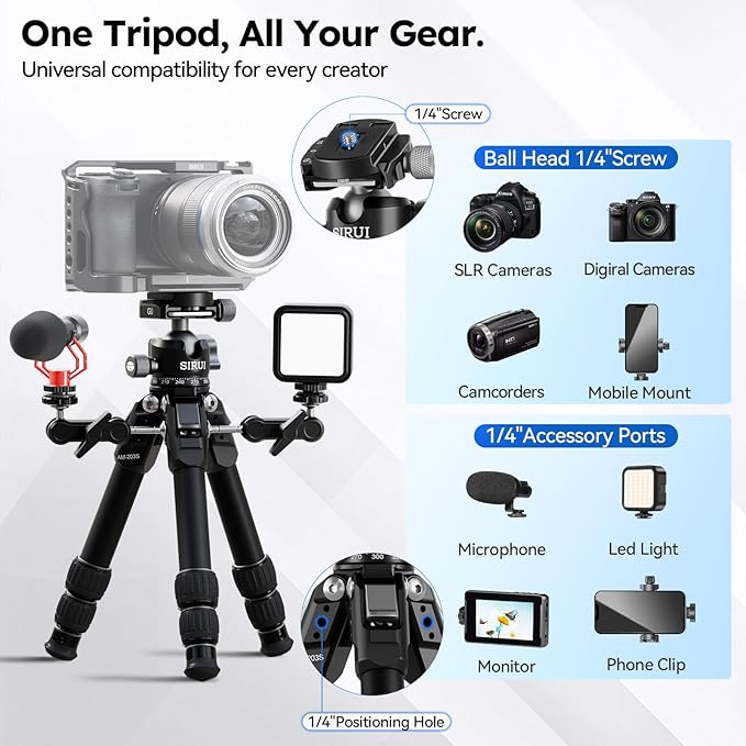SIRUI Aluminum Alloy Desktop Tripod, 1.9lbs Mini Lightweight Tripod with Low-Profile Ball Head, Compact Design, 33lbs Load, 16.7" Max Height, for DSLR, Mirrorless Camera, Phone, Vlogging