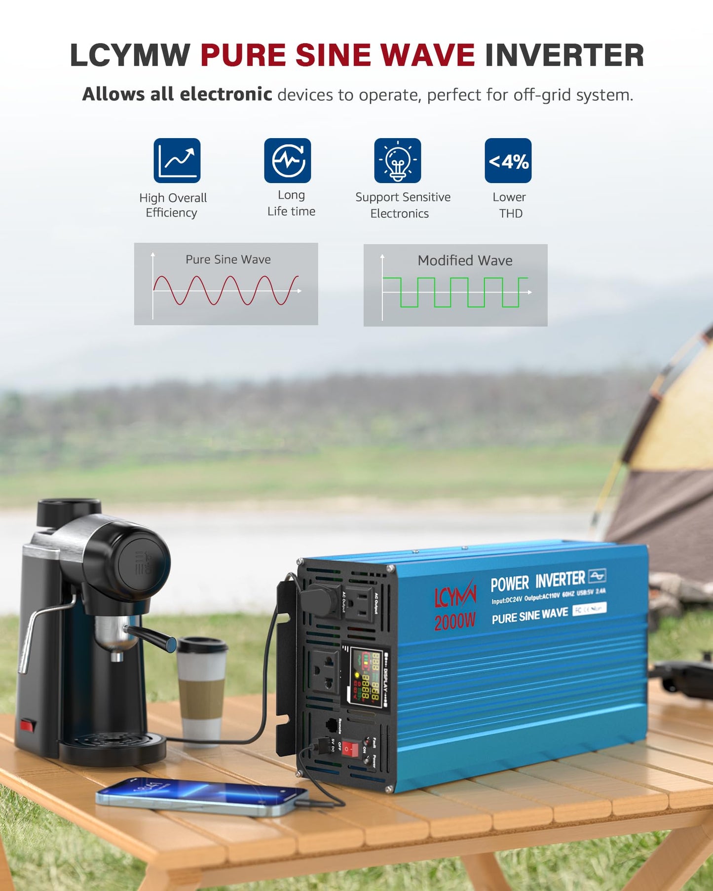 2000 Watt Inverter Pure Sine Wave DC 24V to 110V/120V AC Power Inverters with 3 AC Charger Outlets Car Solar Converter for Vehicles Home with LCD Display and 2.4A USB Charging Port