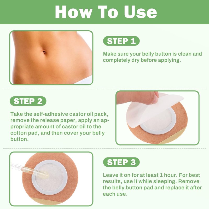 Castor Oil Pack Wrap for Belly Button with 4oz Organic Castor Oil in Glass Bottle, Highly Absorbent Cotton Belly Button Patches Self Adhesive (60pcs belly pack with oil)