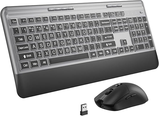 KOPJIPPOM Silent Wireless Keyboard and Mouse Combo - Keyboard with Large Print Cover, 2.4GHz Full-Sized Ergonomic Keyboard with Wrist Rest and Mouse for Laptop, PC, Notebook, Desktop