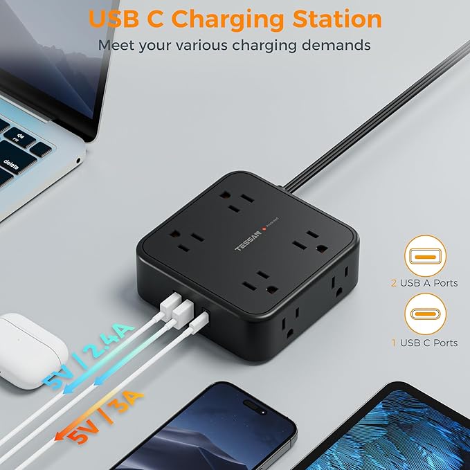 TESSAN Surge Protector Power Strip, 5 Ft Flat Plug Extension Cord with 3 USB (1 USB C) 8 Outlets, 1250W, 900J Protection, 3 Sided Outlet Extender with Power Switch for Office, Dorm Room, Black