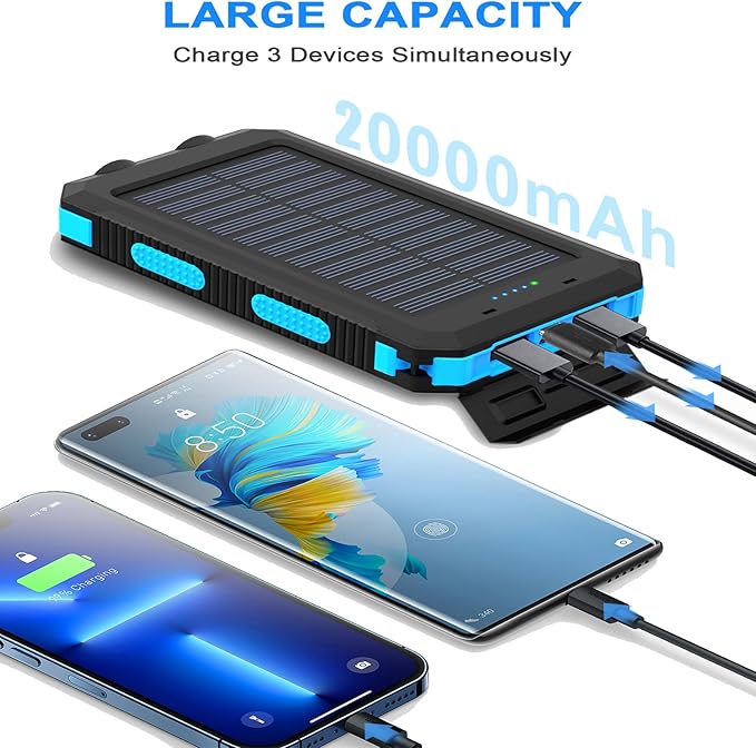 YELOMIN Solar Power Bank 20000mAh, Solar Charger Portable Phone Charger with 4 Built-in Cables, USB-C Fast Charging, Waterproof Battery Pack with Dual Flashlight for Camping Hiking Travel