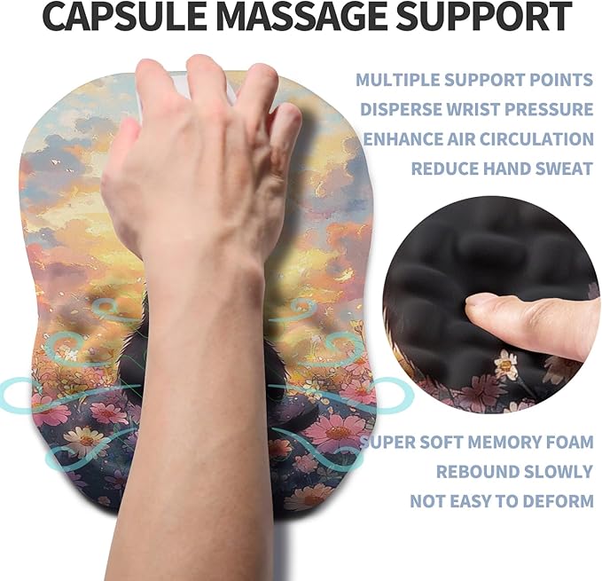 Gleamtide Ergonomic Raised Mouse Pad Wrist Support with Bilateral Slope Memory Foam Mousepad for Wrist Rest and Carpal Tunnel Pain Relief 11.8x7.9〃Flower Sea Cat