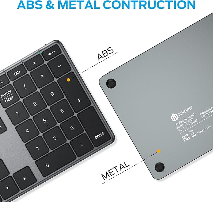 iClever Bluetooth Number Pad, Aluminum 34-Key Wireless Numeric Keypad, USB-C Rechargeable Numpad Keyboard for Data Entry and Accounting, Compatible with Laptop, Mac, Surface Pro, PC Desktop