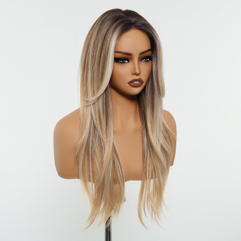 testar Long Straight Ombre Blonde Wigs for White Women Dark Brown to Blonde Highlights Silky Hair Synthetic Middle Part Wigs for Daily Use Lace Closure Natural Hairline 26 IN