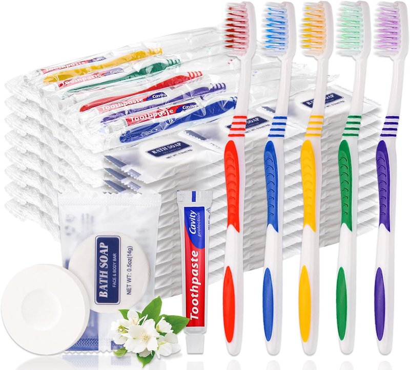 Disposable Toothbrush Set - 50 Individually Wrapped Toothbrushes with Toothpaste & Soap | 5 Colors, 0.5 oz Bars