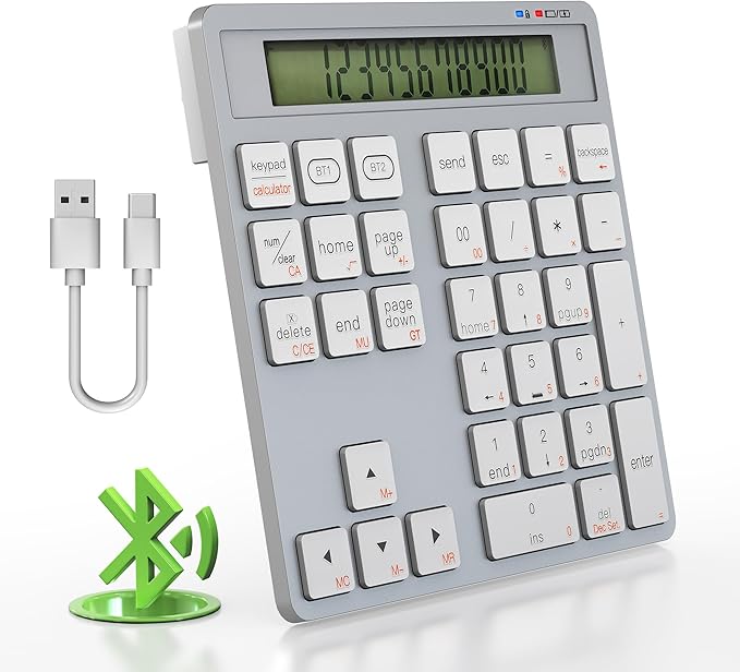 Rytaki Pro 2-in-1 Wireless Number Pad & Calculator, Bluetooth 5.0 Numeric Keypad with USB-C Charging, 34-Key Portable Number Pad for Laptop, MacBook, PC, Windows, iOS & Android Devices
