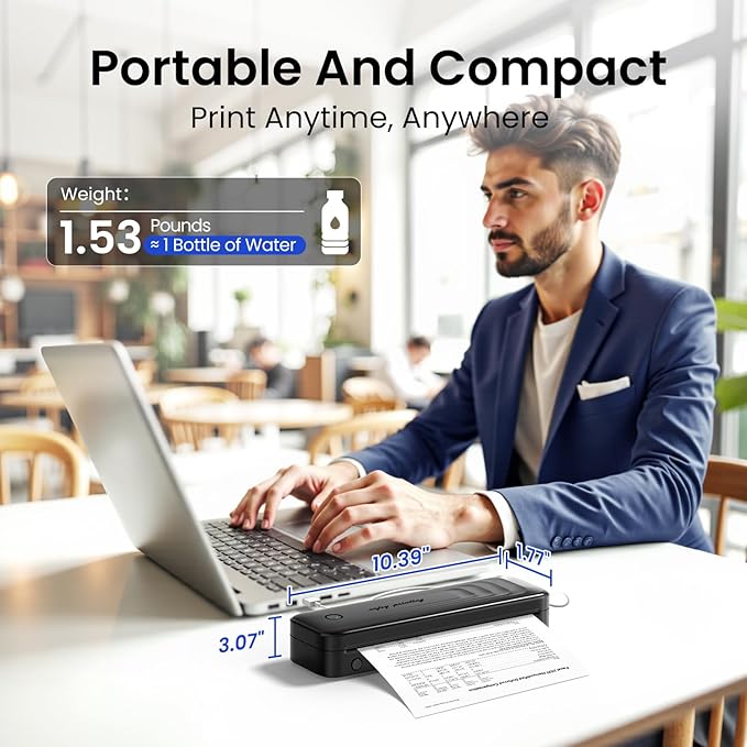 Portable Printers Wireless for Travel, Bluetooth Inkless Thermal Printer Support 8.5" X 11" US Letter, Small Mobile Printer for Phone Laptop, with Carry Case & 4 Rolls Thermal Paper, Dark Grey