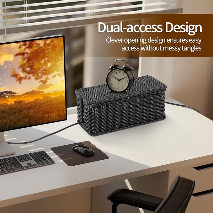 Delamu Handwoven Rattan Small Cable Management Box, Cord Organizer with 2 Open Slots, Desk Cord Hider Box for Computer Router USB Hub Power Strip, 12.5" Lx 5.1" Wx 5.1" H, Black