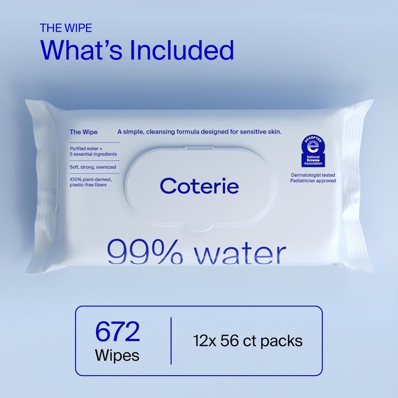 Coterie Baby Wipes for Sensitive Skin, Plant-Based and Plastic-Free Fibers, 99% Water, Hypoallergenic, pH Balanced, Unscented, Clean and Gentle Baby Essentials, 12 Pack, 672 Count