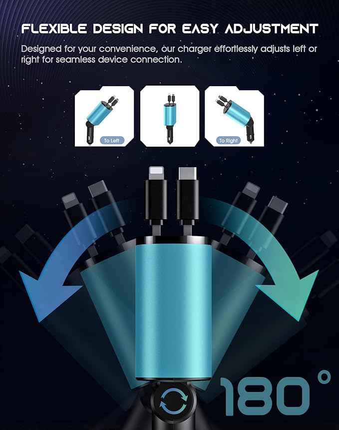 Mifanstech Retractable Car Phone Charger, 4 in 1 Fast Charge Car Phone Charger with 2 Retractable Cables(2.6ft) and 2 USB Ports, Compatible with iPhone15/14/15 Pro Max,Samsung (Light Blue)