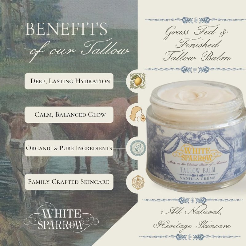 White Sparrow Farmacy Organic Grass Fed Tallow Balm - (Vanilla Crème) Organic Tallow from Grass Fed Cows & All Organic ingredients. For Face and Body. (2.0 oz)…