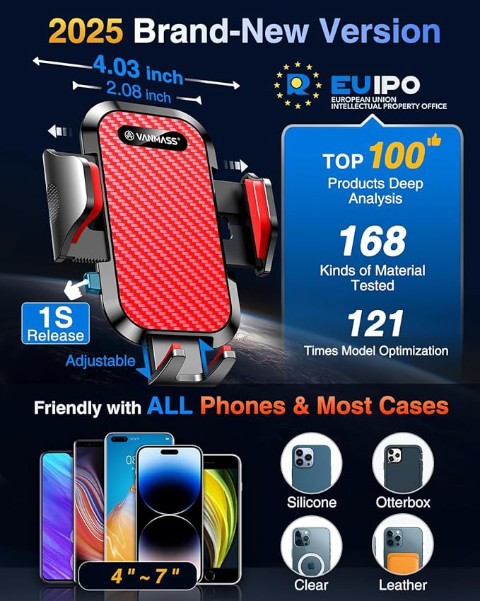 VANMASS Phone Holders for Your Car Ultimate Military-Grade Car Phone Holder Mount【Patent & Safety Certs】 Upgraded Shockproof Truck Air Vent Phone Mount for iPhone 17 Pro Max 16 Samsung Android,Red