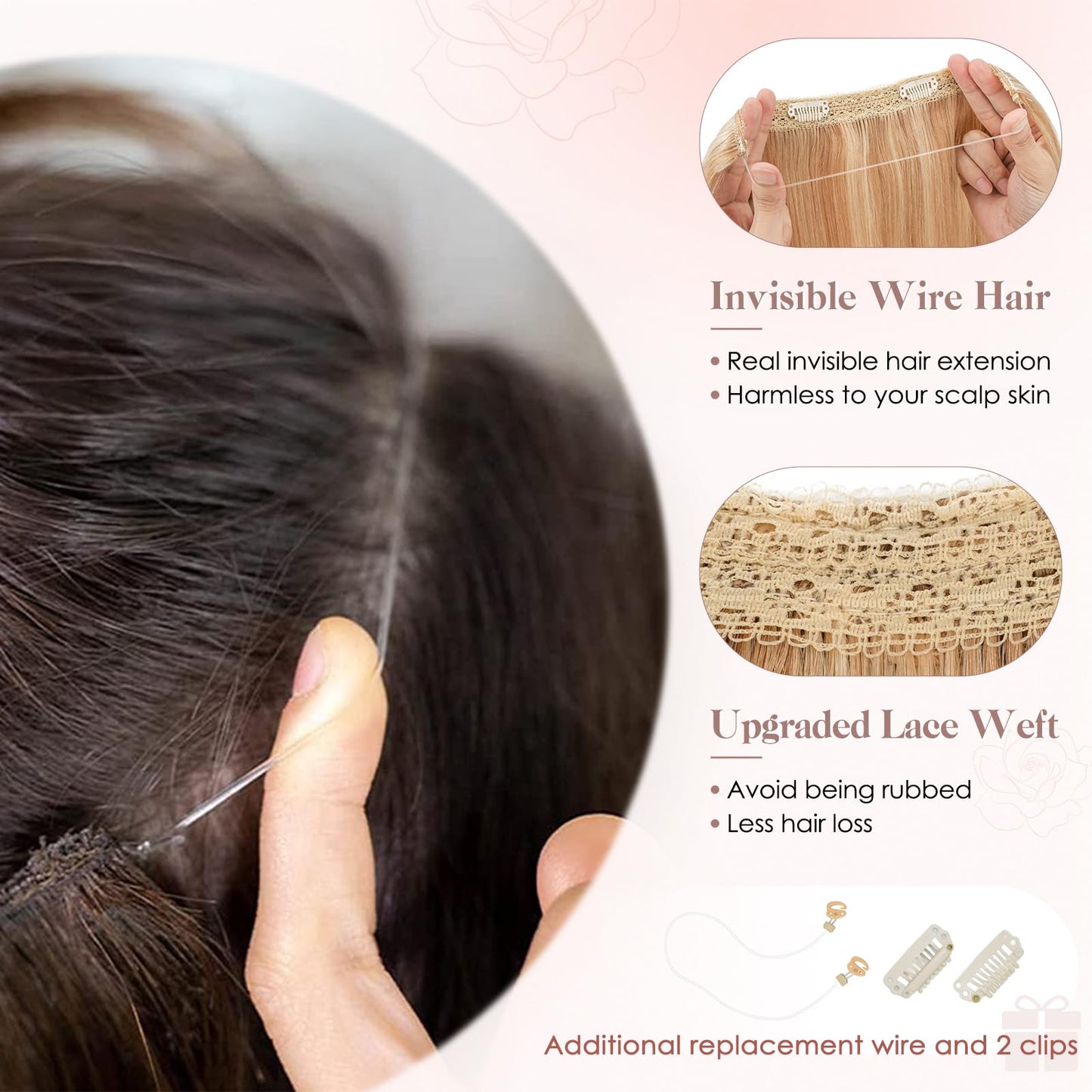 S-noilite Halo Hair Extension Invisible Wire in Real Remy Human Hair Extensions with Clips Adjustable Hidden Wire in Hair Extension for Women 14 inch Camel Bown Highlighted Blonde