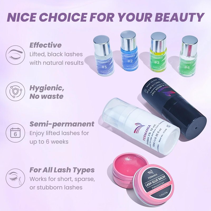 PERMANIA Lash Lift and Tint Kit, Salon Grade Supplies for Eyelash Perm and Brow Lamination Black Dye with Lash Lift Balm Curling & Coloring Natural Result