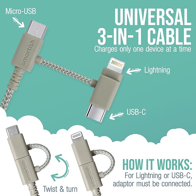 Smartish USB-C/Lightning Cable 17/16/15/14/13/12 - Crown Joule - 6 Foot Universal Fast Fabric Wrapped Charging Cable w/Micro-USB - MFi Certified 13/12/SE/iPad/AirPods/Android - Tan