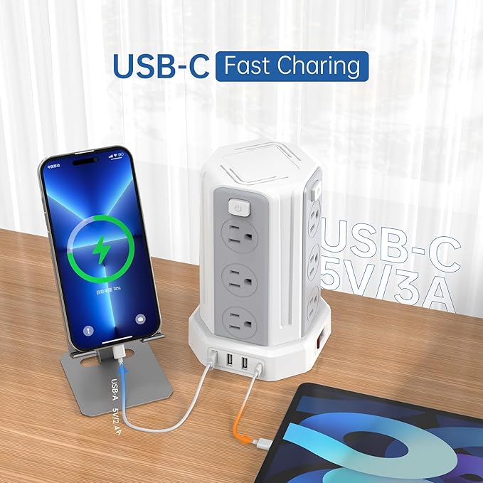 Power Strip Surge Protector, 16.4 Ft Extension Cord with 12 AC Multiple Outlets 4 USB (1 USB C), SMALLRT Power Tower Desktop Charging Station