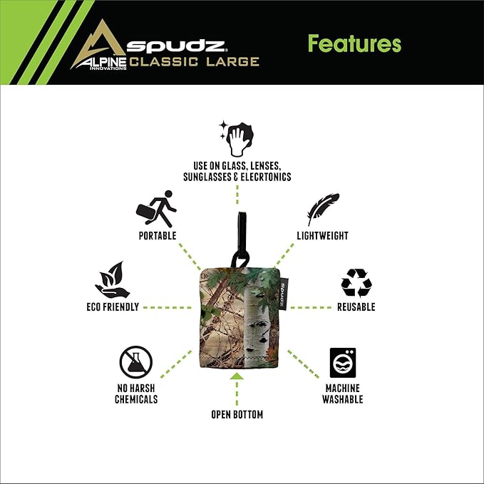 SPUDZ Classic Microfiber Lens Cleaner – Clip-On Pouch, Washable – for Binoculars, Scopes, Glasses, Screens | Classic | Alpine Mountain Camo, 10 x 10 Inch