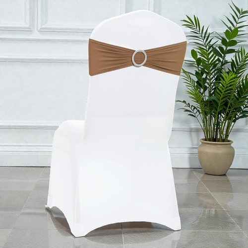 MDS Premium Spandex Chair Sashes - Stretchy Bow Covers with Buckle Slider | 25-Pack in Mocha for Weddings & Events
