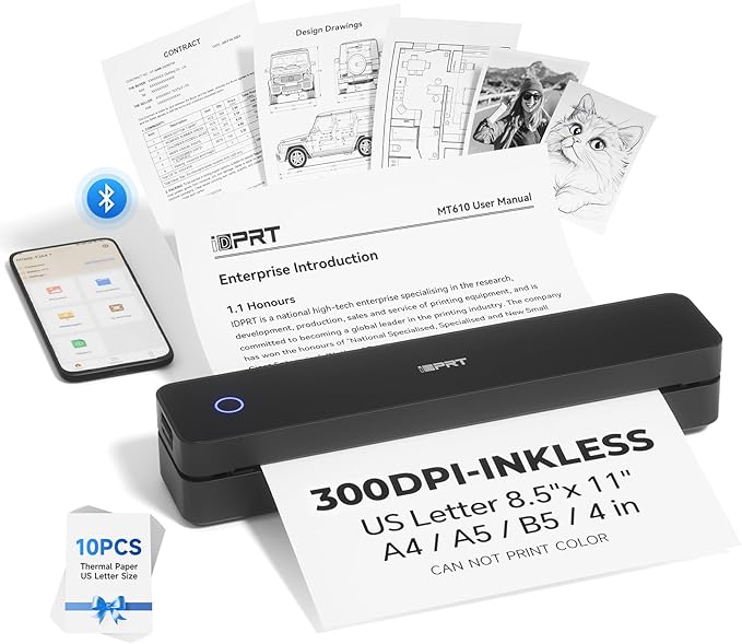 iDPRT Portable Printer Wireless for Travel - Bluetooth Mobile Printer Support for 8.5"x11" US Letter, Inkless Compatible with iOS, Android, Laptop for Office, Car and Home (300DPI, Black)