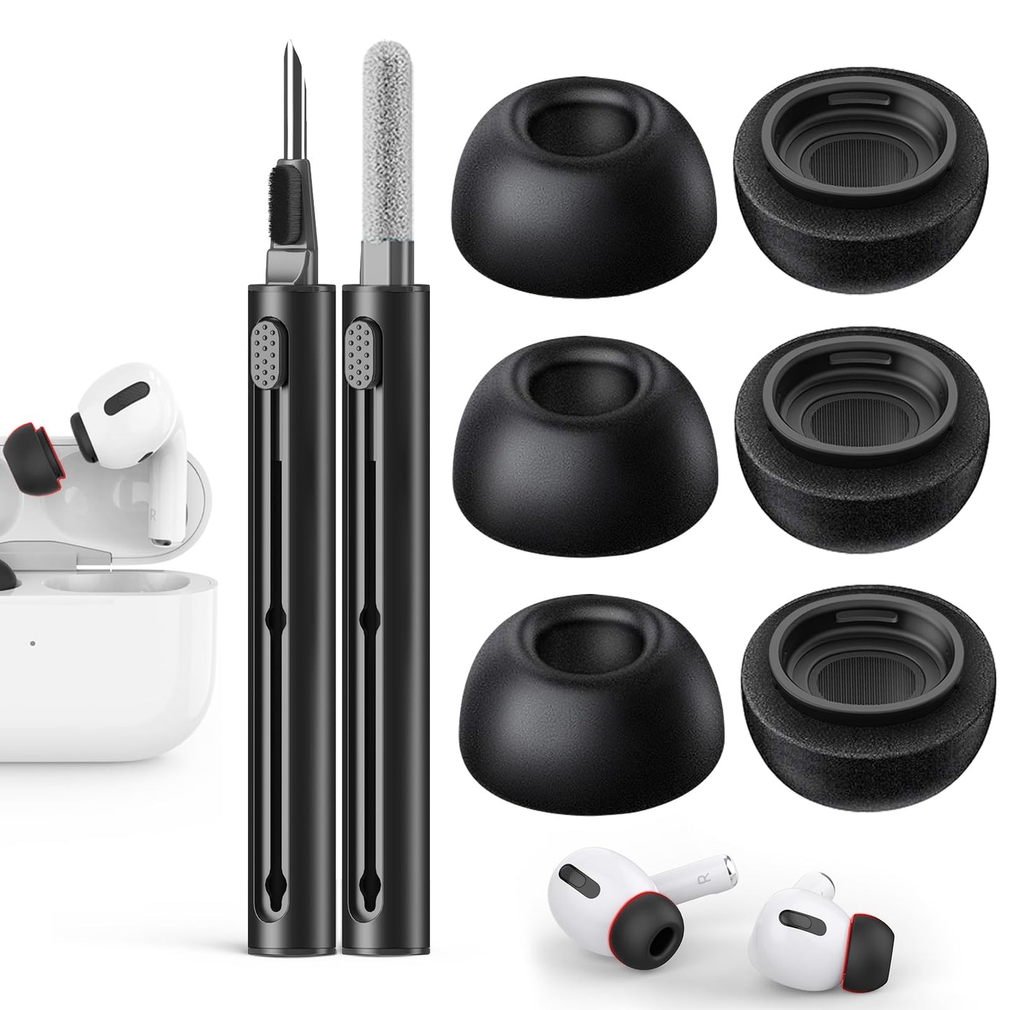 Pohgelan Memory Foam Replacement Ear Tips Compatible with AirPods Pro 2nd/1st Generation,with Noise Reduction Hole & Built-in dust Guard Screen,for USB-C Charging Case with Cleaner kit -Black