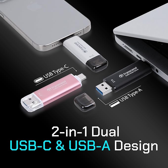 Transcend ESD310 128GB External SSD, Up to 1,050MB/s, Dual USB Flash Drive for iPhone/iPad/Mac/Windows, Android/Tablet/PC, USB 3.2 Gen 2 Thumb Drive Photo Stick, 2-in-1 Type C &Type A Memory Stick