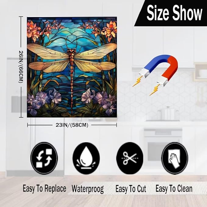 Dragonfly Dishwasher Cover Stained Glass Window Home Appliance Panel Decal, Stained Glass Dragonfly Refrigerator Cover Panels (23" W x 26" H Ordinary)