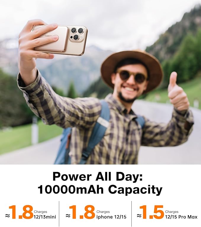 TORRAS MiniMag Power Bank,Ultra-Slim 10,000mAh Magnetic Wireless Portable Charger, 22.5W Fast Charging iPhone Air Magnetic Battery Pack Designed for iPhone 17 Pro Max/17 Pro/Air/16/15/14/13/12, Gold