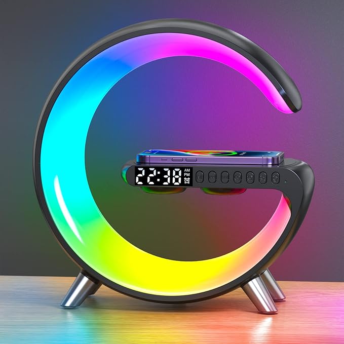 Boenim Smart Table Lamp with 4-in-1 Wireless Charger, Night Light, Bluetooth Speaker, Alarm Clock, App Control, Office, Bedroom, Home Decor (Black)