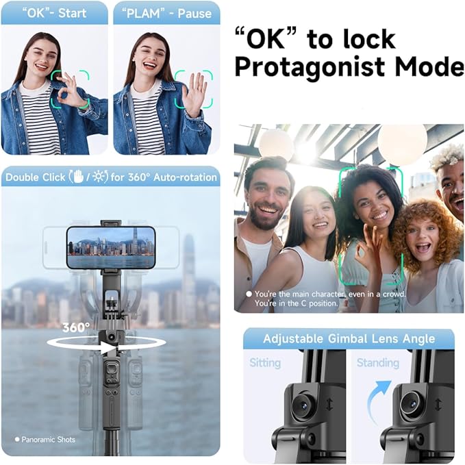 SESDOS Auto Face Tracking Tripod 360° Rotation with Stand,Smart Gesture Control Travel Selfie Stick for Content Creator Tiktok YouTube Vlog Video Live Streaming