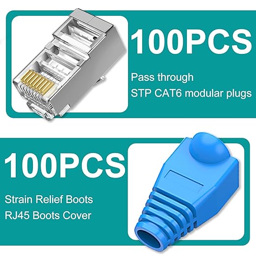 Brileine 100-Pack Cat 6 Pass Through Shielded RJ45 Connectors with RJ45 Boots Cover (Cat6 Connector/ Cat5e Connector/Ethernet Ends/Cat 6 Ends/ RJ45 Modular Plugs) for Solid or Stranded STP Cable