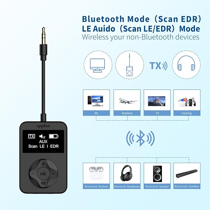 eppfun LE Audio Bluetooth Auracast Transmitter, LC3, AptX Lossless, AptX HD, USBC/3.5mm Aux Inputs, Bluetooth 5.4, Qualcomm Chip, for TV, PC,Airplane,Phones,Party,Church.