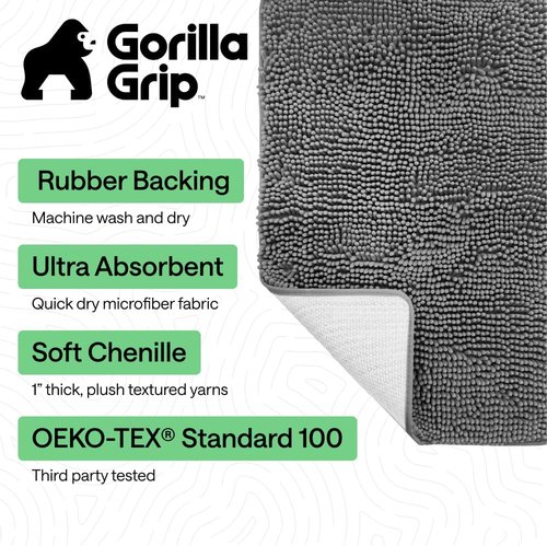 GORILLA GRIP Bath Rug Mat - Thick Soft Absorbent Chenille | Quick Dry Microfiber, 60x24, Grey