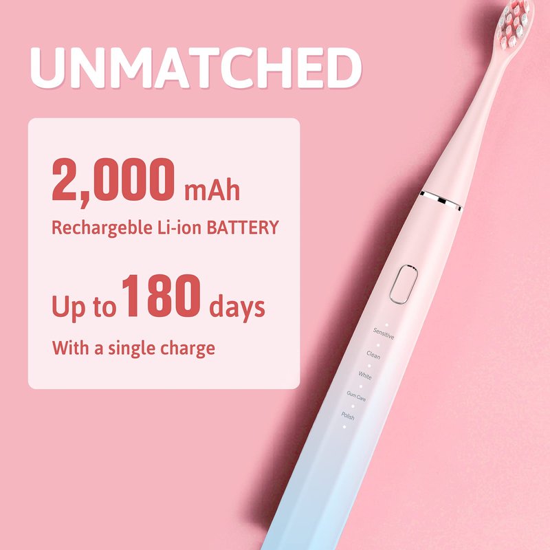 Oday N9000 Sonic Electric Toothbrush, 90% End-Rounding, 10 YR Warranty, 2,000 mAh Battery (180 Days), IPX7 Waterproof, 43,000 VPM (2nd Gen. 3S Sonic Motor), 5 Modes with Smart Timer, 6 Brush Heads