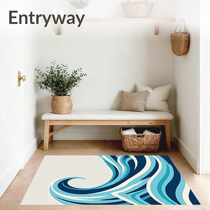 Flatwoven High Traffic Area Rug 5x7, Driftwood Lighthouse Wave Ocean Theme Bathroom, Non Slip, Stain Resistant, Washable Area Rugs for Living Room, Bedroom (Dark Blue, 5x7)