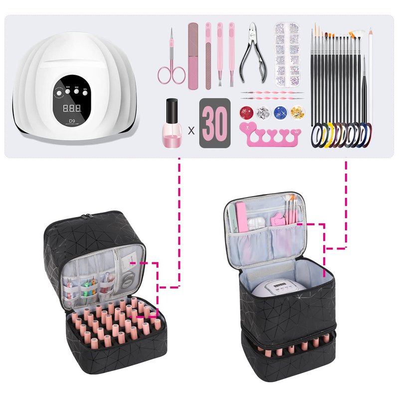 Nail Polish Storage Organizer - Double Layer Gel Nail Polish Bag | Holds 30 Bottles, Portable Compartment Case, Black
