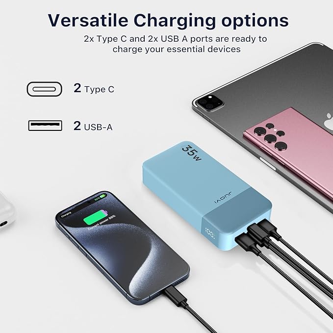 JUOVI J2651 Portable Charger, 35W 20000mAh USB C in & Out Power Bank, Battery Pack with QC4.0+PD3.0 35W High-Speed Charging for Bluetooth Earbud, Mobile Phone, Tablet (Blue)