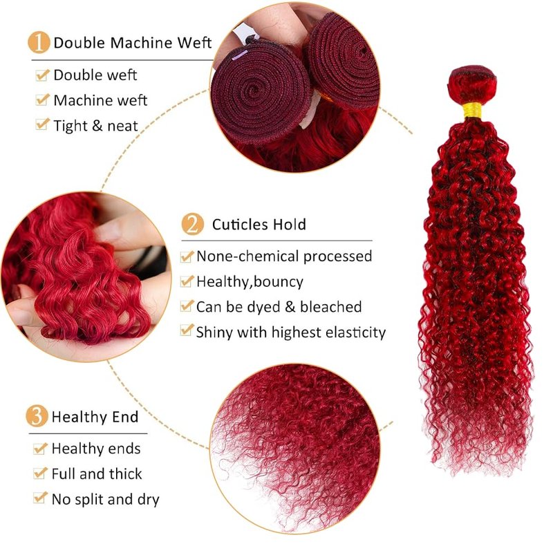 Red Kinky Curly Hair Bundles - Unprocessed Virgin Hair Extensions | Soft Burgundy, 12 Inch