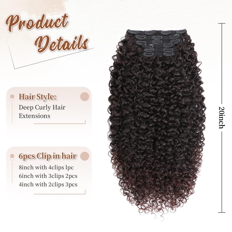 Curly Clip in Hair Extensions,Molefi 6PCS Curly Clip Ins for Women 20 Inch Deep Wave 100% Pure Protein Silk Hairpieces for Bridal Party Daily