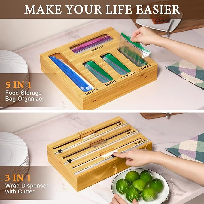 9 IN 1 Bamboo Foil and Plastic Wrap Organizer for Kitchen Drawer, Plastic Bag Organizer Organization and Storage, Food Storage Bag Organizer with Labels for Quart Gallon Snack Sandwich Bag