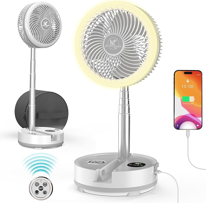 40000mAh Portable Travel Fan, Rechargeable Collapsible Fan, 106H Run, 8 Speeds Standing Oscillating Fan, Battery Powered with Timer & Light for Travel Cruise Essentials RV Outdoor Bedroom Power Outage