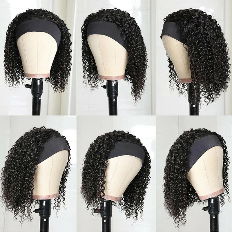 Youngirl Deep Wave Headband Wig Human Hair 14 Inch Curly Headband Wigs for Black Women Human Hair Glueless None Lace Front Wigs Brazilian Virgin Hair Wig Machine Made 150% Density Natural Black Color
