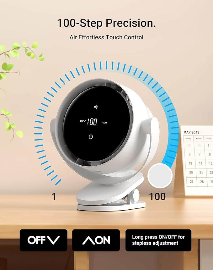 Primelove Portable Desk Fan, Clip-On Rechargeable USB Fan with 100-Level Precision Control & LED Touch, 360° Rotation, Ideal for Stroller, Office, Bedroom, Kitchen, Camping – White, 7-inch