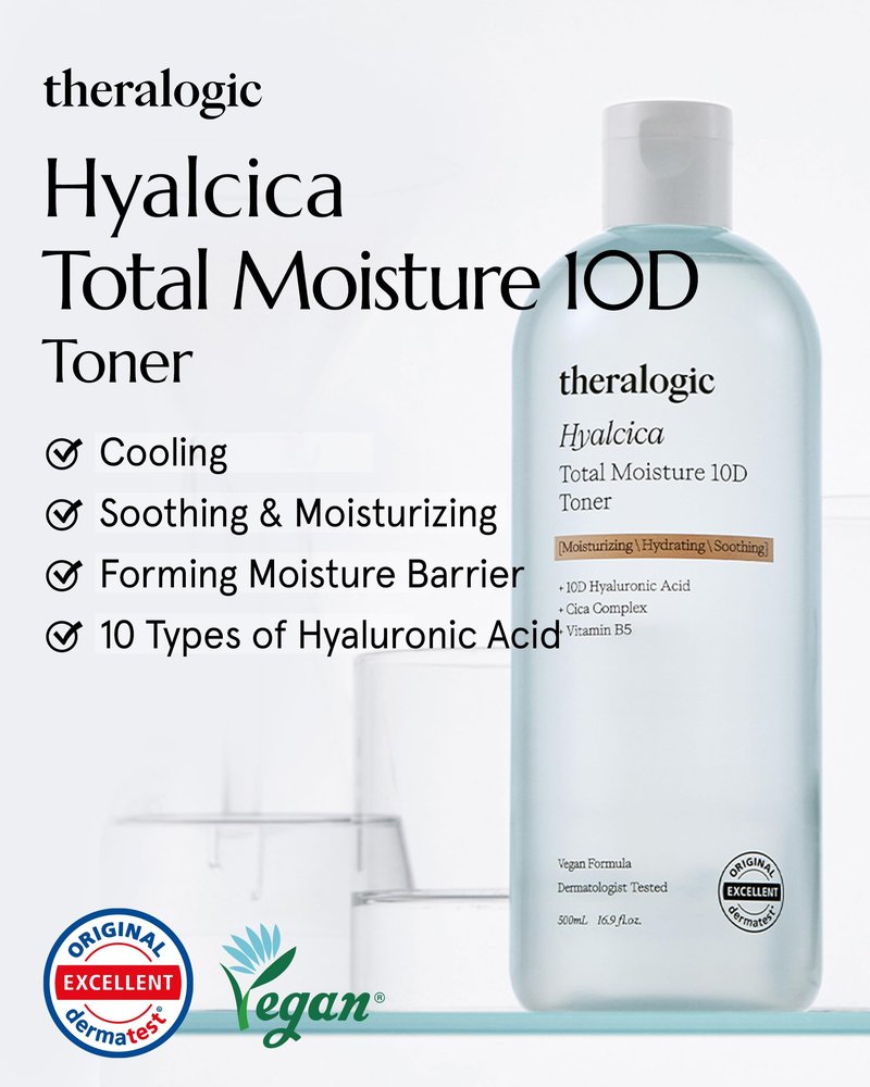 Theralogic Hyalcica Total Moisture 10D Toner - Vegan Moisturizing Soothing Korean Face Toner with 10 Hyaluronic Acid and CICA - Low pH Face Toning Water - Derma Tested, 16.9 fl.oz.