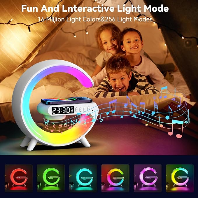 XCDIFA Mini LED Table Lamp with 4-in-1 Wireless Charger, Night Light, Sunrise Alarm Clock, Bluetooth Speaker, Smart Atmosphere Table Lamp for Bedroom, Office, Home Decor (Black)