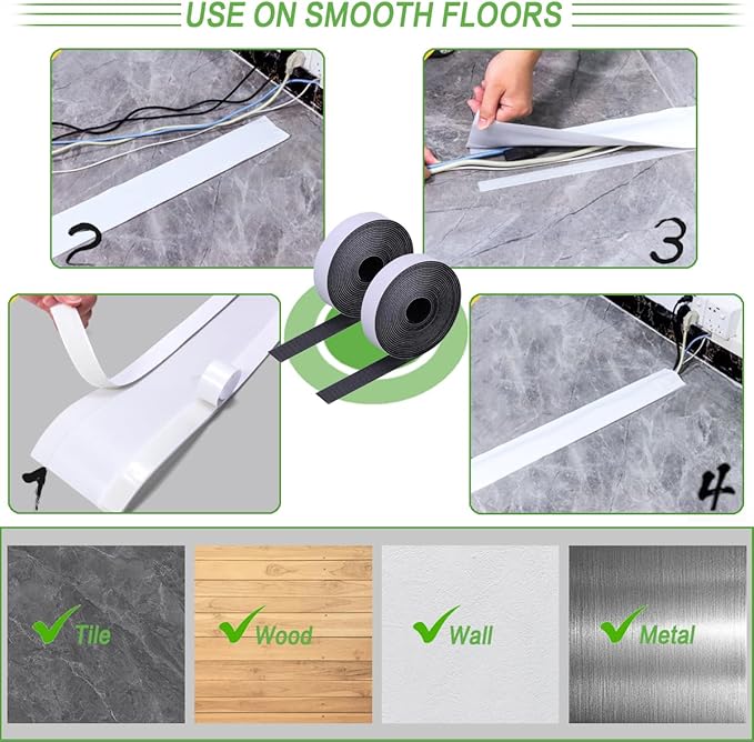 Floor Cable Covers - Oxford Fabric Cord Protector with Adhesive Hook & Loop,Waterproof Wire Storage Sleeve for Any Floor Surface,Durable Cable Management to Prevent Tripping Hazards (White, 10ft)