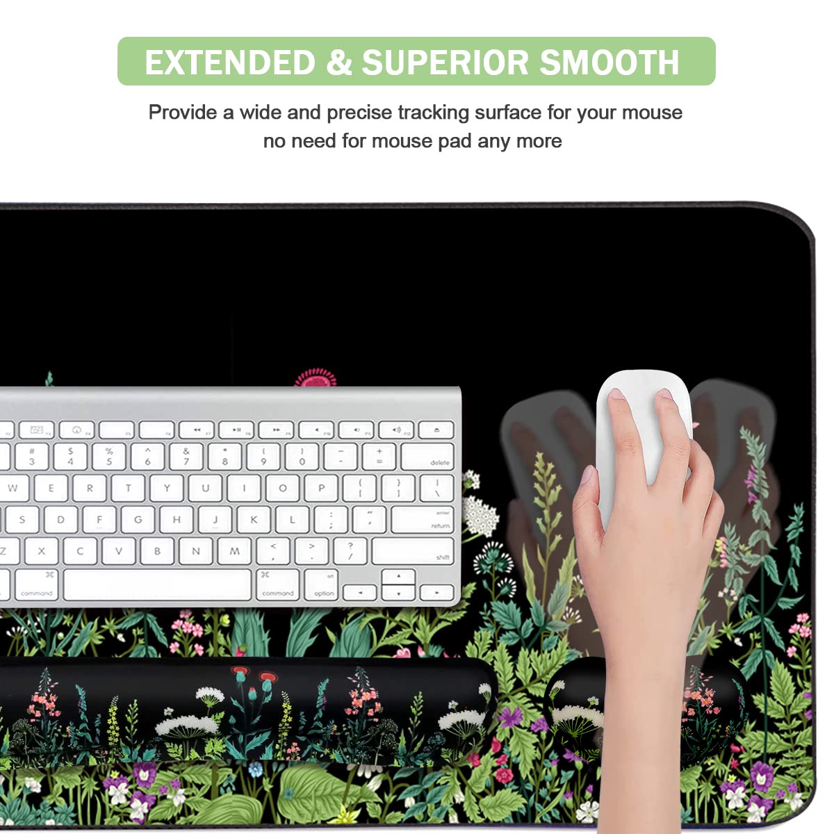 Keyboard Mouse Pad Set, Extended Mouse Pad+Keyboard Wrist Rest Support, Memory Foam Ergonomic Easy Typing, 3Pcs (35.4×15.7 in) Desk Pad Set for Home Office Study Game - Weeds