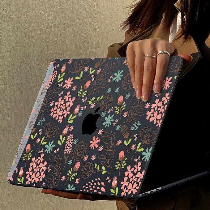 LCMOCICO for MacBook Air 13 inch Case 2021 2020 2019 2018 Release M1 A2337 A2179 A1932, Pritned Pattern Plastic Hard Case Cover for MacBook Air 13.3" Retina Display Touch ID, Seamless Flower Black