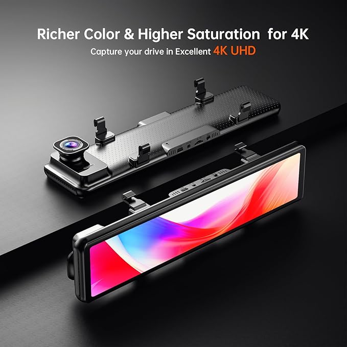 G850+ 12" 4K UHD Mirror Dash Cam Front and Rear with Zoom Backup Camera, 2160P Dual Rear View Mirror Camera for Cars & Trucks, 64GB Card Included, GPS, WDR, Night Vision, Parking Assist & G-Sensor